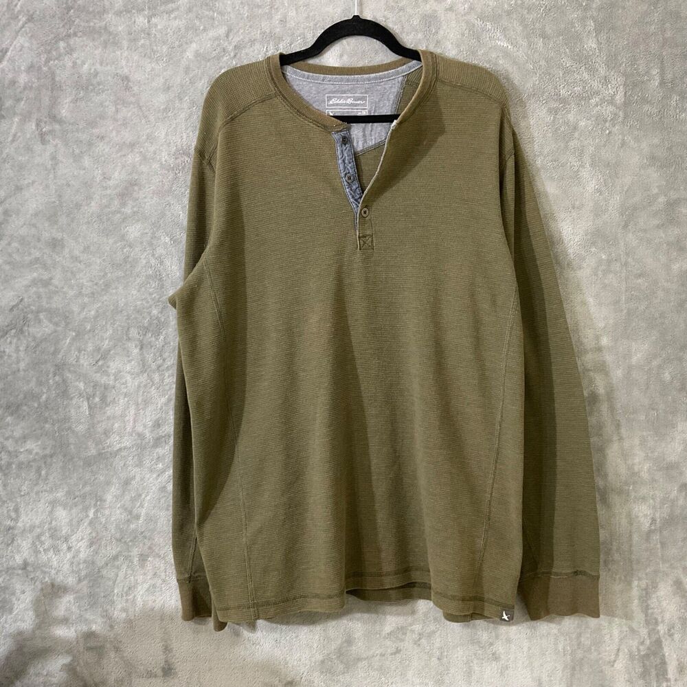 Eddie Bauer Shirt Henley Mens TXL Tall Green Waffle Thermal Long Sleeve